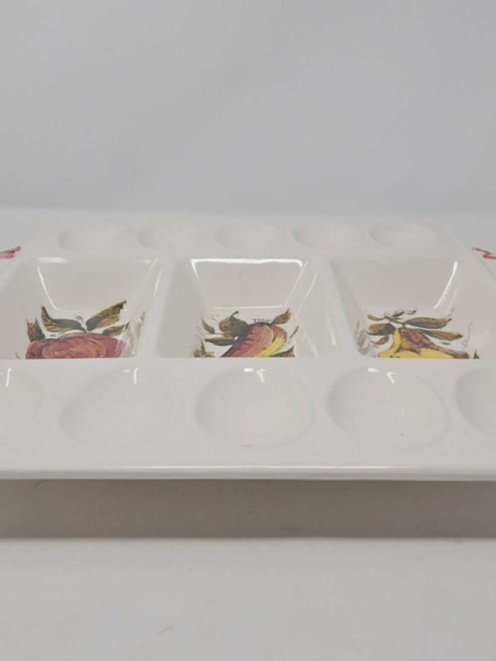 Vintage MCM 10 Deviled Egg 3 Well Snack Crudite Ceramic Serving Platter 14 x 12" - Picture 3 of 5
